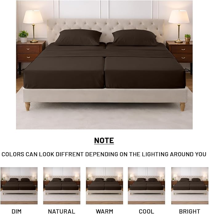 SGI Split King Sheet Set for Adjustable Bed Egyptian Premium Cotton 600 Thread Count Sheets for Sleep Number Bed 15" Deep Pocket 5 Pc Set with 2 Twin XL Fitted Sheets Soft Breathable -Chocolate