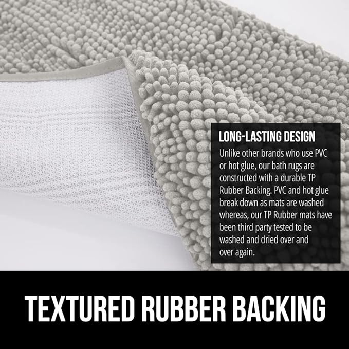 GORILLA GRIP Bath Rug Mat, Thick Soft Absorbent Chenille, Quick Dry Microfiber Mats, Rubber Backing Washable Shower Floor Rugs, US Designed Bathroom Bathmat Home Decor Accessories, 24x17 Light Gray