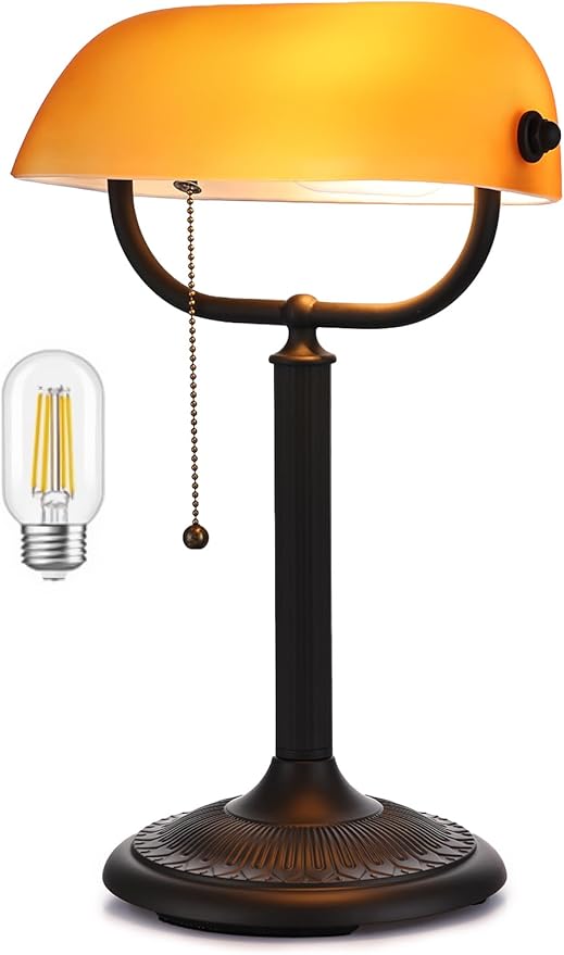 1-Minute Quick-Change Shade Antique Matted Amber Glass Bankers Desk Lamp,Plug in Fixture for Study, Office, Library,LED Bulb Included