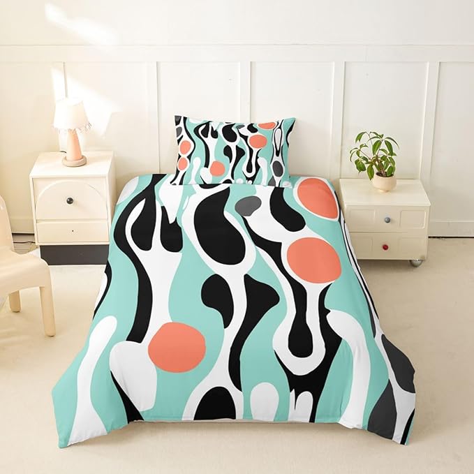 Mid Century Modern Abstract Duvet Cover Set Vintage Geometric Girl Toddler Bedding Set for Preteen Boys Girls Contemporary Organic Shapes Comforter Cover Squiggle Blob Bed Sets,Teal Coral Salmon Pink