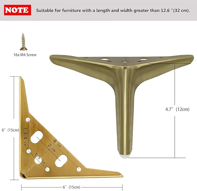 4.7 inch/12cm Brushed Gold Metal Furniture Legs Set of 8, 8pcs DIY Replacement for Short Cabinet Legs, Sofa Legs, Small Dresser Legs