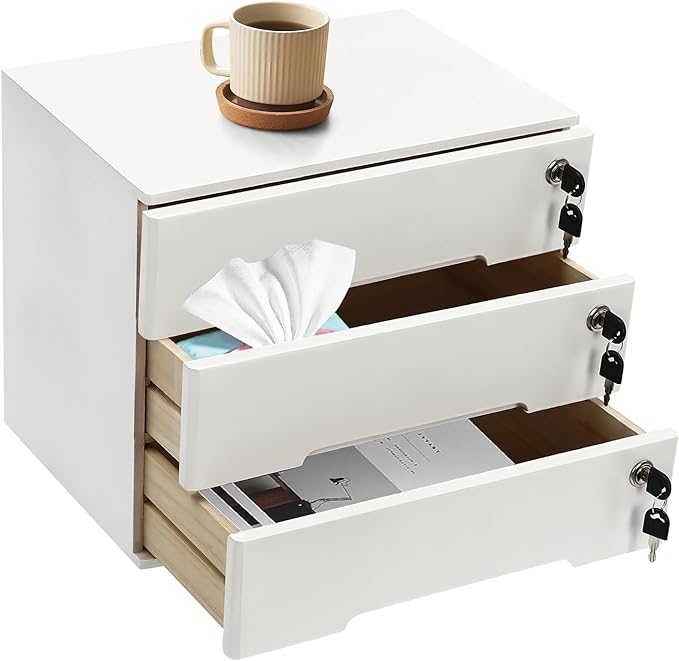 Desktop File Organizer with Lock, 2/3/4 Tier Multi-Drawer Wooden Storage Cabinet, Office Supply Organizer for Home Desk, Study & Workplace (White, 3 Layers)