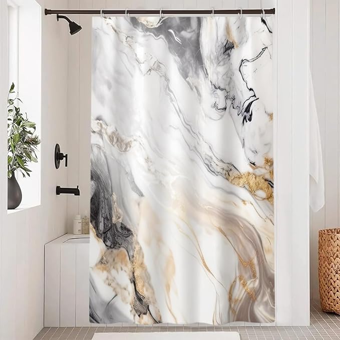 Grey and White Shower Curtain, Modern Grey Marble Shower Curtain for Bathroom Aesthetic Waterproof Shower Curtain Set with Hooks, 48x72 Inch