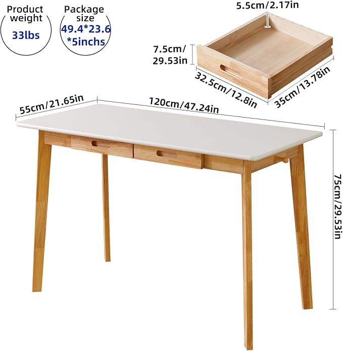Aibiju Computer Desk with 2 Drawers, 47" Solid Wood Home Office Writing Desk, Compact Simple Tables with Hook for PC, Laptop, Students, Study, Makeup, Bedroom White + Natural Wood Legs YD-WD03WN