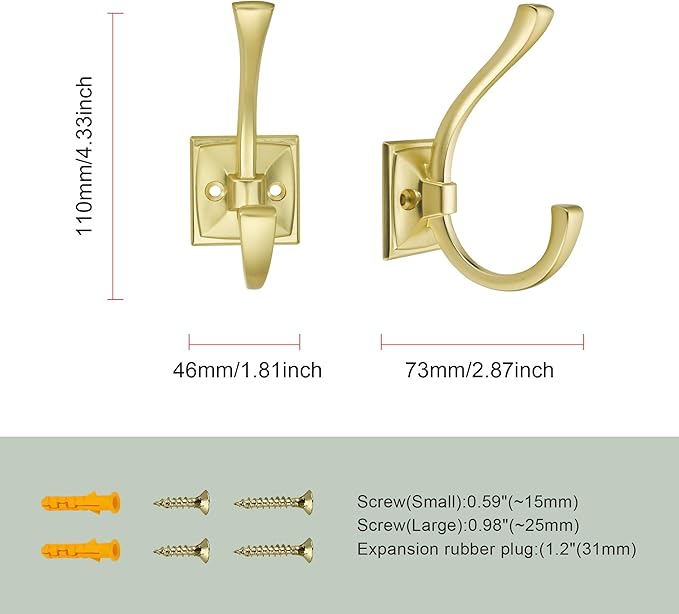 TUNNY 5 Pack Antique Design Wall Hanging Coat Hooks - Brushed Gold Coat Hooks Towel Hook for Entry Shoe Cabinet, Wardrobe Bathroom Bedroom Furniture Hardware