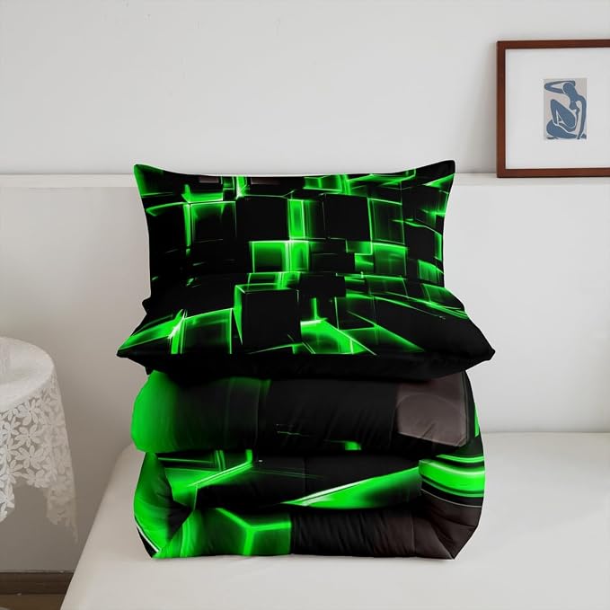 Erosebridal Honeycomb Bedding Set King Size, 3D Modern Abstract Square Grid Comforter for Kids Girls Boys Green Neon Light Geometric Print Bed Set Bedroom Decor, 3 Pieces