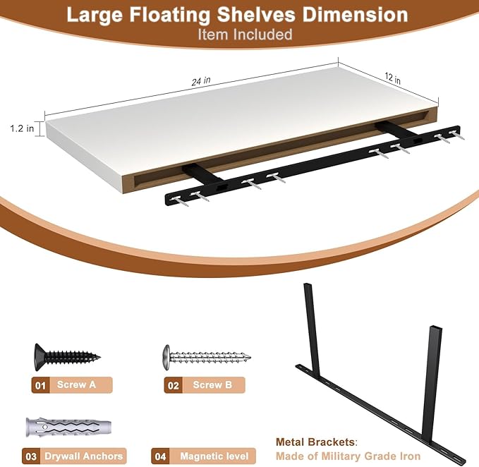 12 Inch Deep Floating Shelves, 24" W x 12" D Wood Floating Shelves for Wall, Large Storage Space Wall Mount Shelf with Invisible Brackets for Living Room Kitchen Bathroom, 1 Pack, White