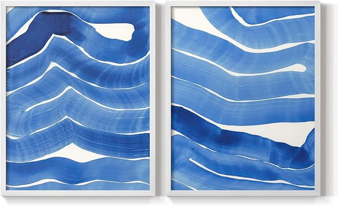 Renditions Gallery Set of 2 Peel & Stick Framed Prints, Watercolor Abstract Wall Art, Bold Brushstrokes in Shades of Blue Wall Decor, Re-Stickable - Ready to Hang - 16"x20" - White Frame LT588