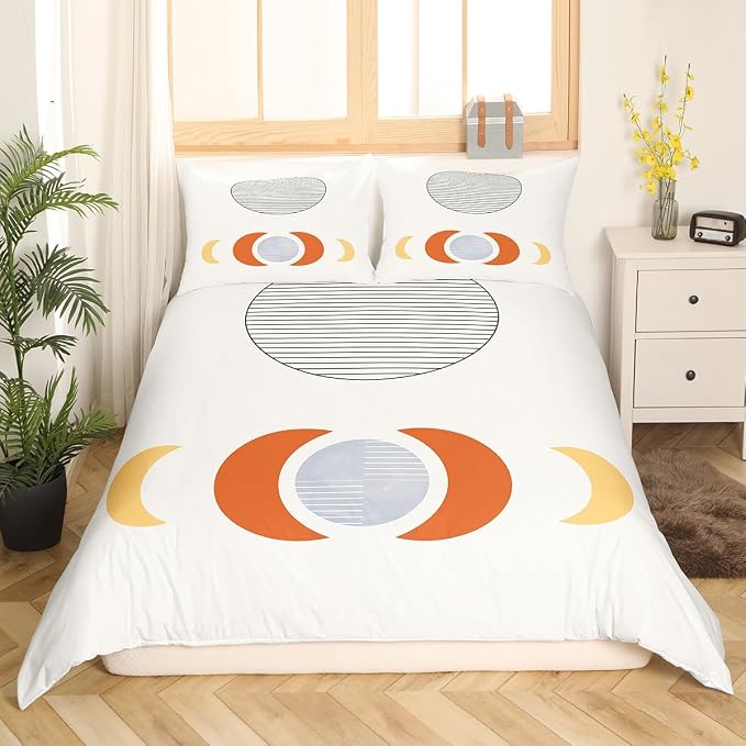 Erosebridal Mid Century Bed Set Abstract Moon Duvet Cover, Striped Bedding Set Twin White Aesthetic Comforter Cover, Retro Minimalism Bed Cover Modern Art Bedroom Decor Ultra Soft 2pcs