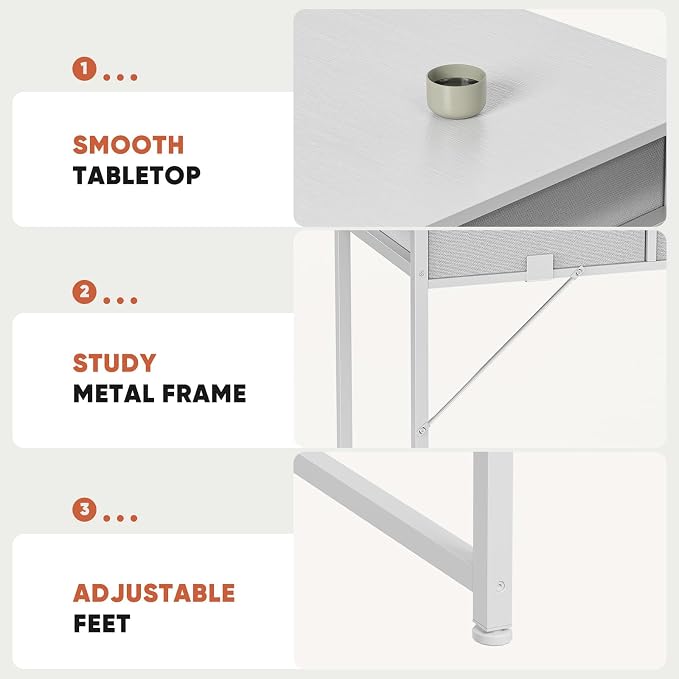 DUMOS 32" Home Office Computer Desk with Drawers, Small Gaming Writing Study Table with Storage Side Bag, Headphone Hook and Adjustable Feet for Bedroom White