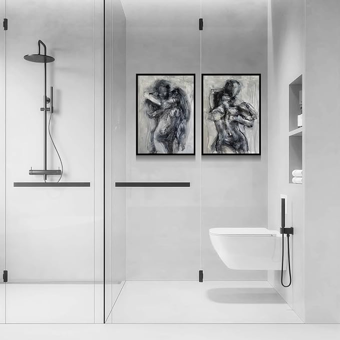 2Pcs Framed Black and White Bathroom Canvas Wall Art Abstract Nude Prints Couple Modern Gallery Style Painting Pen sketch Posters Decorations Bedroom Living Room Bathroom 12x16 Inch Ready to Hang