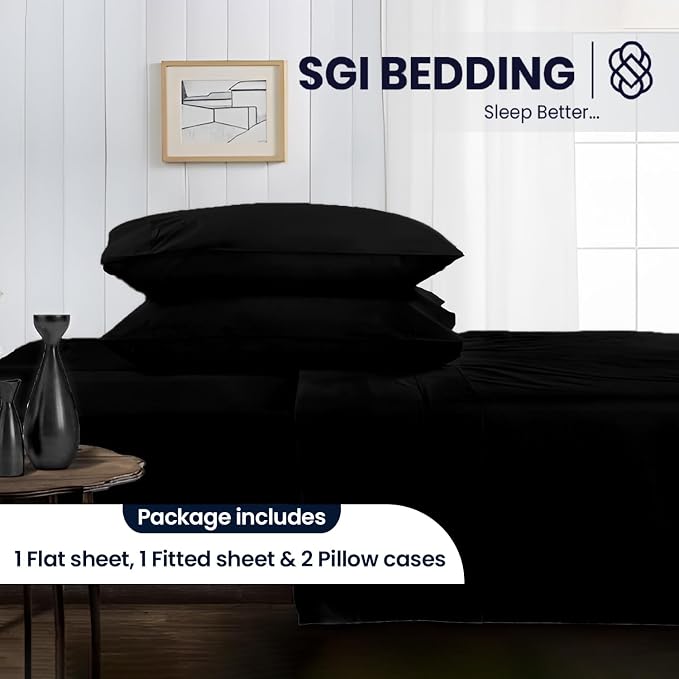 SGI bedding 100% Egyptian Cotton Sheets RV King Size – 600 Thread Count Sheets Set, Soft, Cooling, 15" Deep Pocket, Luxury Hotel Bedding, Breathable, Durable - Black