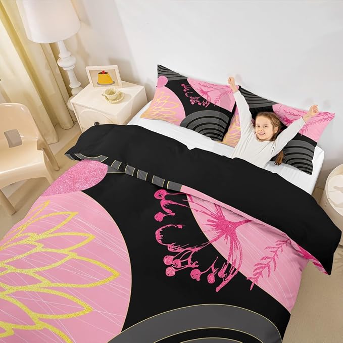 Erosebridal Boho Mid Century Duvet Cover King Size for Women Men Adults |Pink and Black Modern Comforter Cover Minimalist Geometric Bedding Set Aesthetic Modern Abstract Bed Set