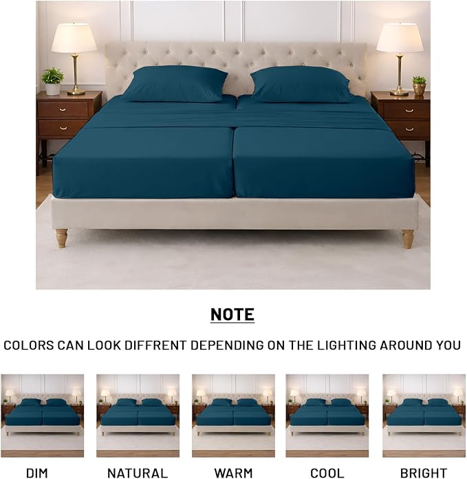 SGI Split King Sheet Set for Adjustable Bed Egyptian Premium Cotton 600 Thread Count Sheets for Sleep Number Bed 15" Deep Pocket 5 Pc Set with 2 Twin XL Fitted Sheets Soft Breathable -Teal