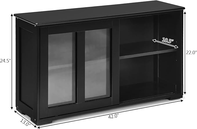 Sideboards Buffet Cabinet, Sliding Tempered Glass Door Coffee Bar, Console Table with Adjustable Shelf, Credenzas for Living Room, Stackable Kitchen Cupboard for Dining Room (Black)