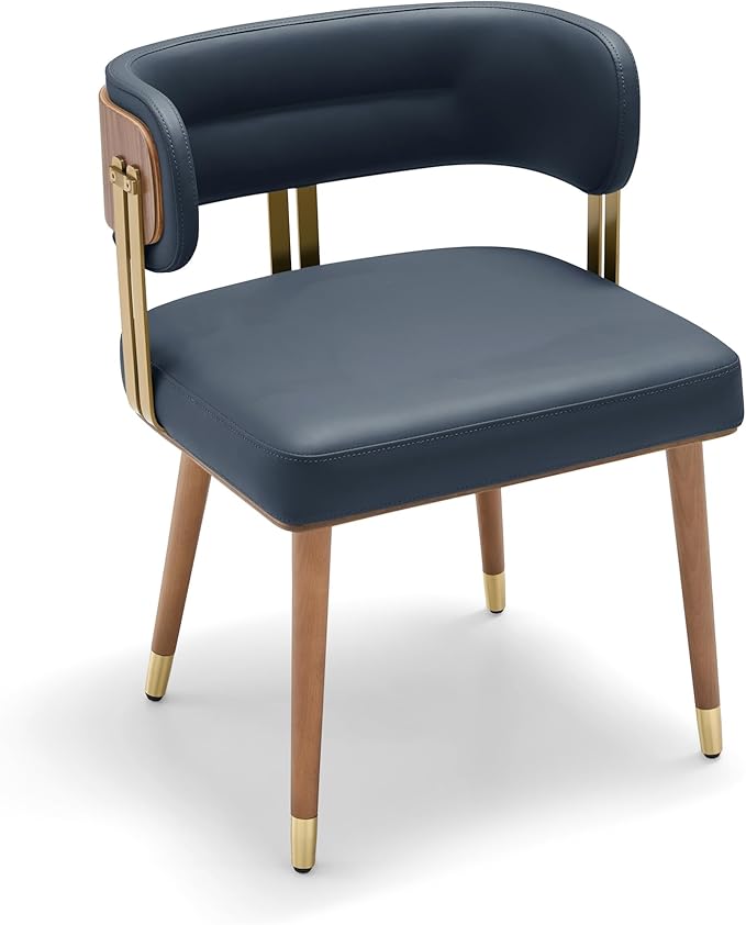 Modern Upholstered Leather Dining Chairs with High-Resilience Foam Cushion, Walnut Wood Veneer&Gold Metal Legs, 22Lx20.5Wx28.3H Inches, Anti-Slip Kitchen Chairs for Dining Room,Navy Blue
