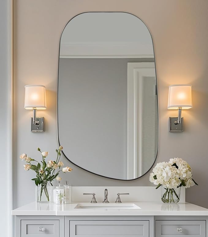 ANDY STAR 24"x40" Irregular Wall Mirror，Polished Chrome Asymmetrical Bathroom Mirror with Stainless Steel Metal Frame, Wall-Mounted Mirror for Bathroom, Entryway (Horizontal/Vertical)