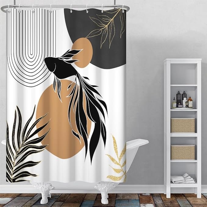 Boho Abstract Goldfish Shower Curtain Modern Abstract Minimalist Neutral Bathroom Decor Arch Sun Black Gold Leaf Chic Aesthetic Bath Curtains Washable Waterproof Polyester Fabric with Hooks 36x72 Inch