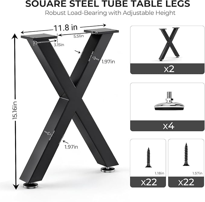 Coffee Table Legs 16H x 11.7W Heavy Duty Metal Bench Legs, X- Shape Dining Table Kitchen Table Office Desk Table Base Replacement with Adjustable Feet Pads Screws 1000 LBS Load Black Set of 2