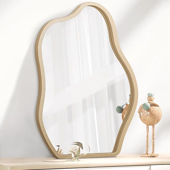 Small Wall Mirror Asymmetrical Irregular Wood Frame Mirrors Modern Unique Wall-Mounted Artistic Cloud Shape Mirror Decor for Bathroom Vanity Bedroom Living Room Entryway Hallway