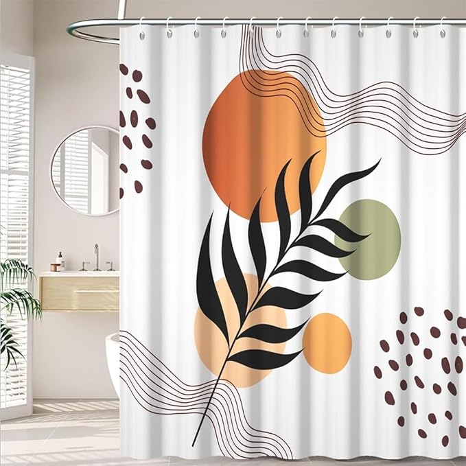 Boho Shower Curtain for Bathroom Black Leaves Orange Sun Brown Spots Abstract Stripes Shower Curtains Abstract Minimalist Bathroom Set Decor Washable Waterproof Polyester Fabric with Hooks 72x84 Inch