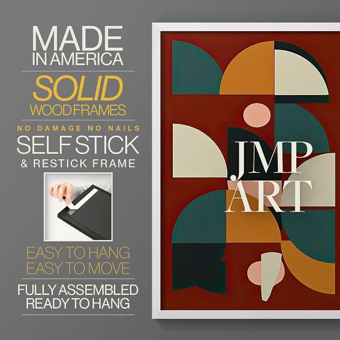 Renditions Gallery Set of 2 Peel & Stick Framed Prints, Mid Century Abstract Wall Art, Modern Geometric Shapes Wall Decor, Re-Stickable - Ready to Hang - 22"x28" - White Frame LT588