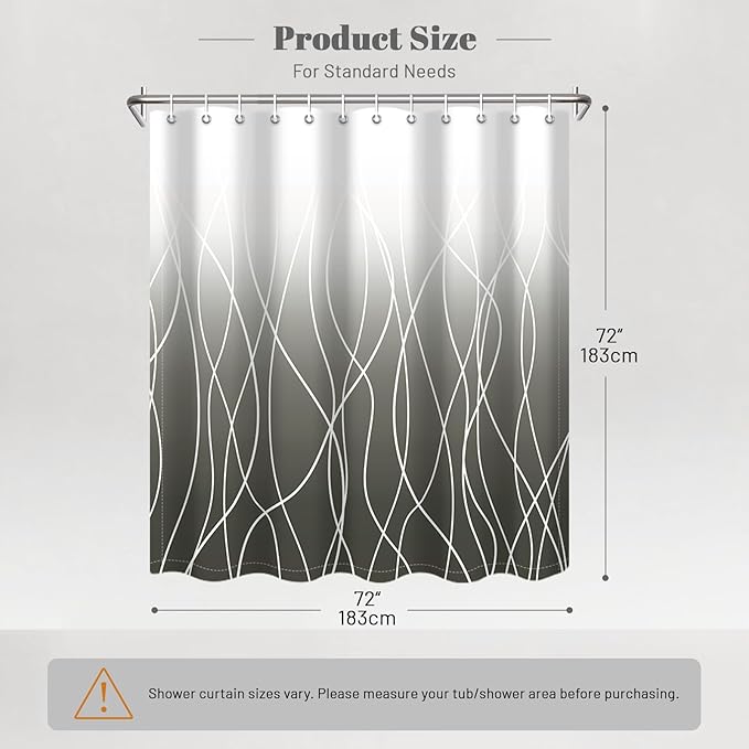 Punkray Ombre Dark Grey Striped Polyester Shower Curtain for Bathroom with Hooks, Shower Curtains for Bathroom, Waterproof Bath Accessories Hotel Style - Machine Washable 72 x 72