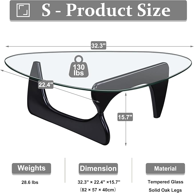 Coffee Tables for Living Room, Small Oval Center Table with Triangle Tempered Glass Top, Solid Legs, Tea Table for Office Small Space