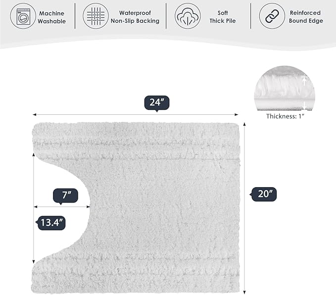 PURRUGS Bathroom Rug Non-Slip Machine Washable 20" x 24" U-Shaped, Super Absorbent and Quick Dry Shaggy Microfiber Bath Mat, Extra Soft and Plush Contour Rug for Toilet Base, White