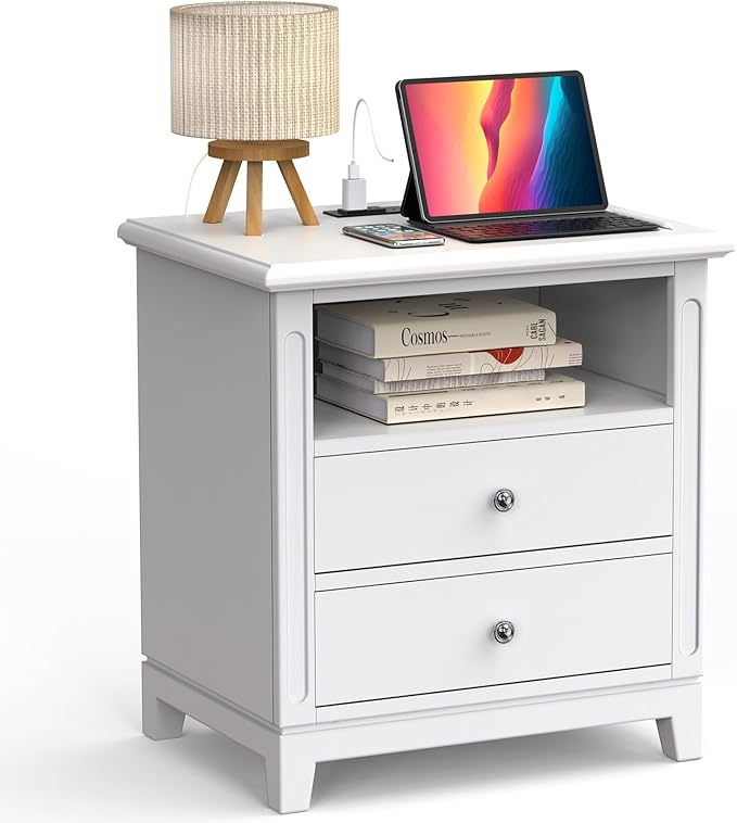 24" Wide Solid Wood Nightstands Set of 2, White Night Stand with 2 Large Drawers & Open Shelf, Bedside Table with USB Ports and Outlets, Farmhouse Nightstand for Bedroom