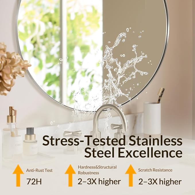 ANDY STAR Round Bathroom Mirror, 24’’ Brushed Silver Round Bathroom Mirrors in Stainless Steel Metal Frame 1" Deep Set Design