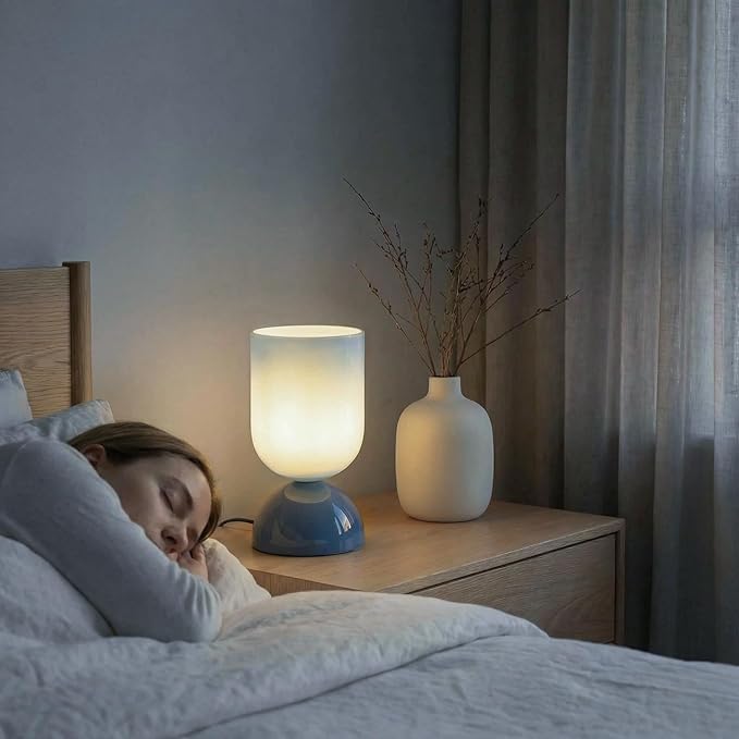 8.9" Modern Glass Table Lamp for Living Room, Dimmable Desk Lamps for Bedroom, UL Listed Nightstand Lamp with Dome Base, End Table Lamps for Home, Side Tables, College Dorm, Office, Glossy Blue