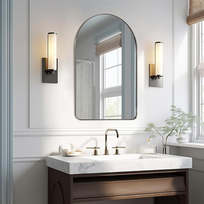 ANDY STAR Arched Mirror, 22" x 35" Brushed Nickle Bathroom Mirror in Stainless Steel Metal Frame, Arch Top Rounded Corner 1" Deep Set Design Wall Mount Hangs Vertical