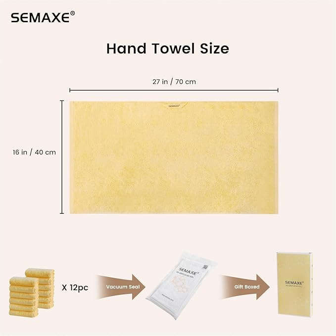SEMAXE 12 Pack Hand Towels for Bathroom, 100% Cotton Towels with Hanging Loops, Soft and Highly Absorbent, Hand Towel Set for Gym, Shower, Hotel, Spa and Kitchen, Yellow