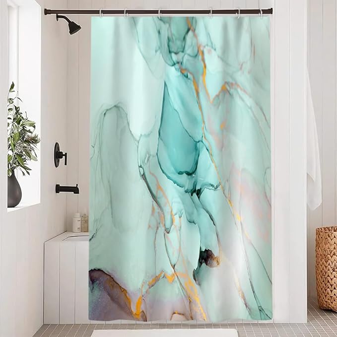 Turquoise Shower Curtain, Modern Teal Marble Shower Curtain for Bathroom Aesthetic Ink Texture Waterproof Shower Curtain Set with Hooks, 54x72 Inch