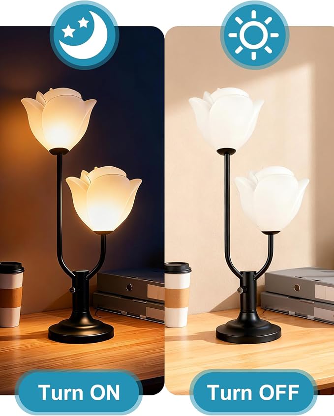 Lightdot Women Bedside Table Lamps for Bedroom, 2-Light Cute Flower Desk Lamp with G9 LED Bulbs, 0-100% Stepless Dimmable Black Nightstand Lamp, Floral Lamp for Living Room, Home Office,Reading