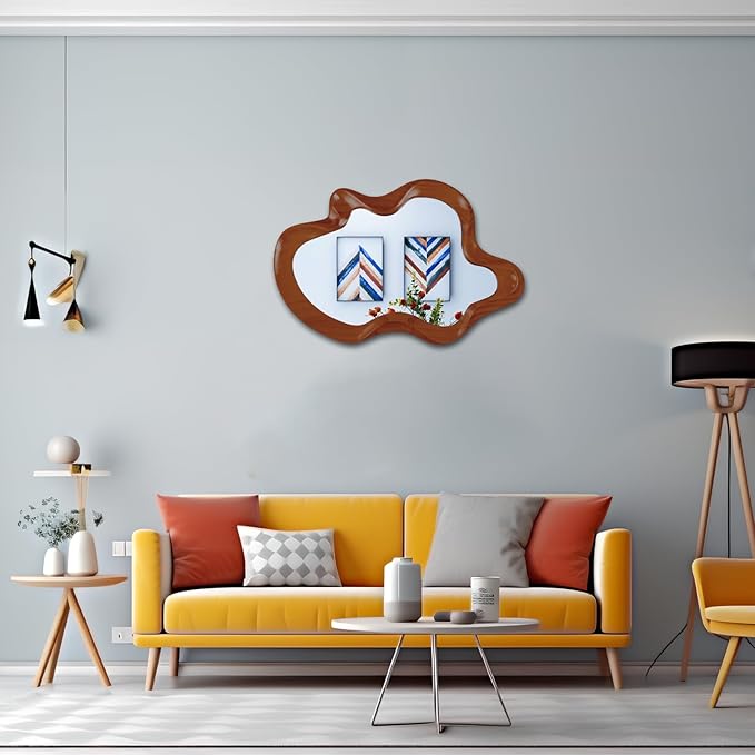 32"x 21" Irregular Wall Mirror, Walnut Wooden Framed Asymmetrical Wall Mirror for Living Room Bedroom Entryway Bathroom Modern Decorative Hanging Hooks