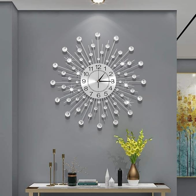 28 Inch Silver Crystal Large Modern Metal Starburst Decor, Bling Crystal Wall Clock for Kitchen Office Bedroom Living Room Decorative