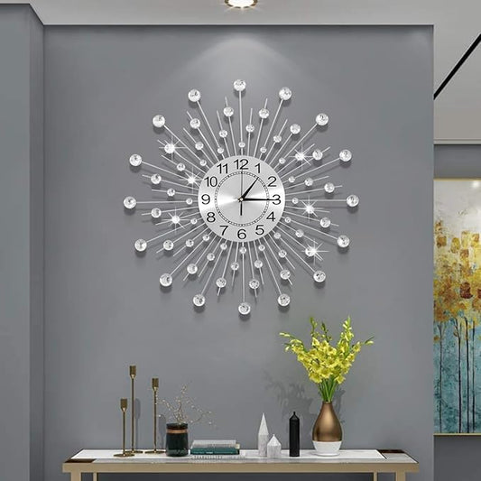 28 Inch Silver Crystal Large Modern Metal Starburst Decor, Bling Crystal Wall Clock for Kitchen Office Bedroom Living Room Decorative