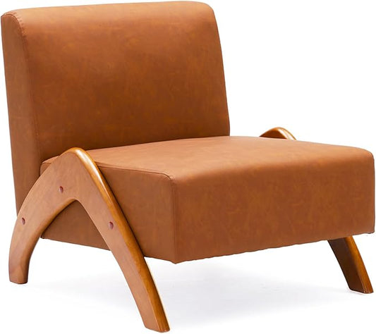 Oversized Accent Chair, upholstered armless mid Century Modern Living Room Chair with Wooden Legs for Bedroom/Office/Cafe, Faux Leather Cognac Brown