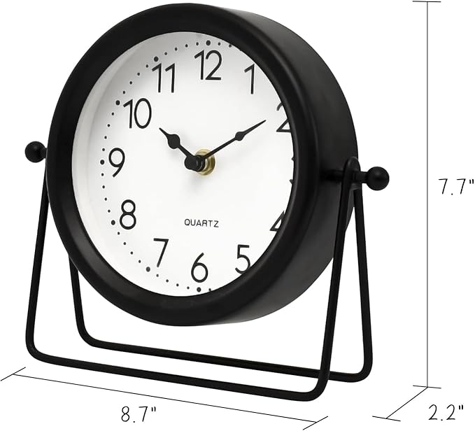 Small Desk Clock – Classic Vintage Silent Non-Ticking Clock with Distressed Metal Frame, Decorative Shelf Decor for Office, Living Room or Bedroom