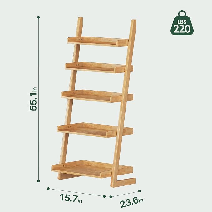 5-Tier Wooden Natural Ladder Shelf - Solid Wood Leaning Bookshelf Shelves, Leaning Bookcase for Saving Space, 55" H Book Shelf for Living Room & Bedroom & Home Office