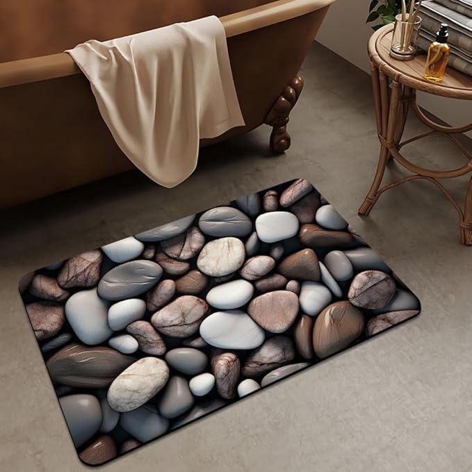 Bath Mat Rug,Rounded River Stones Non Slip Quick Dry Super Absorbent Thin Bathroom Rugs Fit Under Door-Easy to Clean Bathroom Floor Mats-Shower Rug for Shower Sink Bathtub(16" x 24"in)