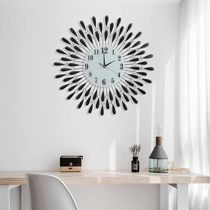 24 INCH Large Wall Clock for Living Room Decor,Non-Ticking Quiet Metal Petals Dial Glass Big Wall Clocks Black for Bedroom,bedrooms Kitchen and Small Space Decoration