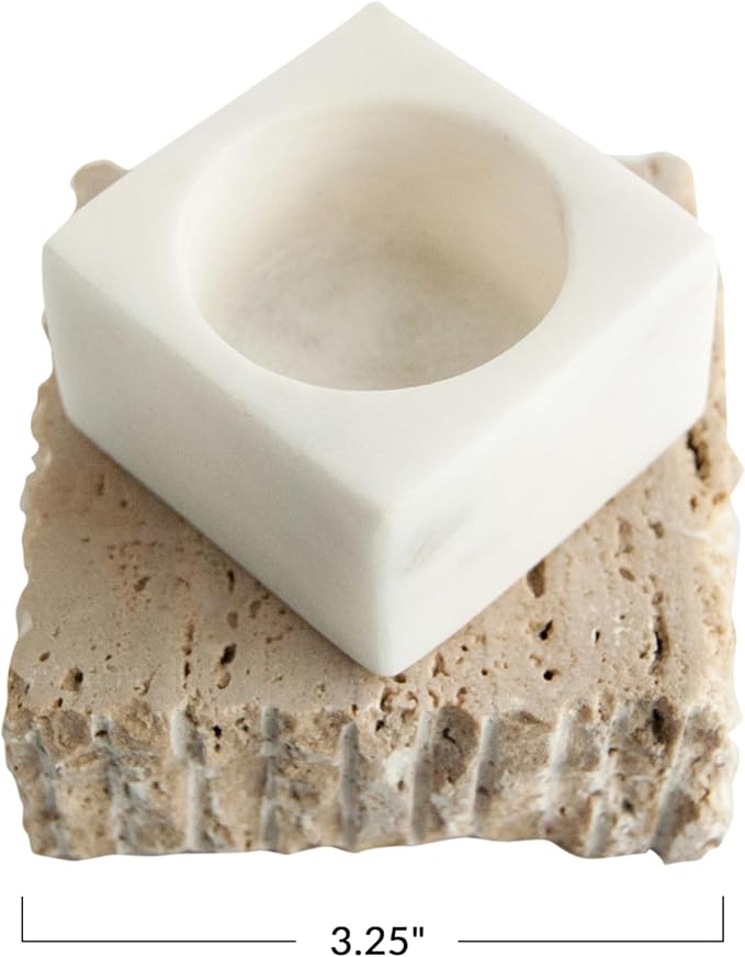 Bloomingville Decorative Marble and Travertine Candle Holder, White and Natural