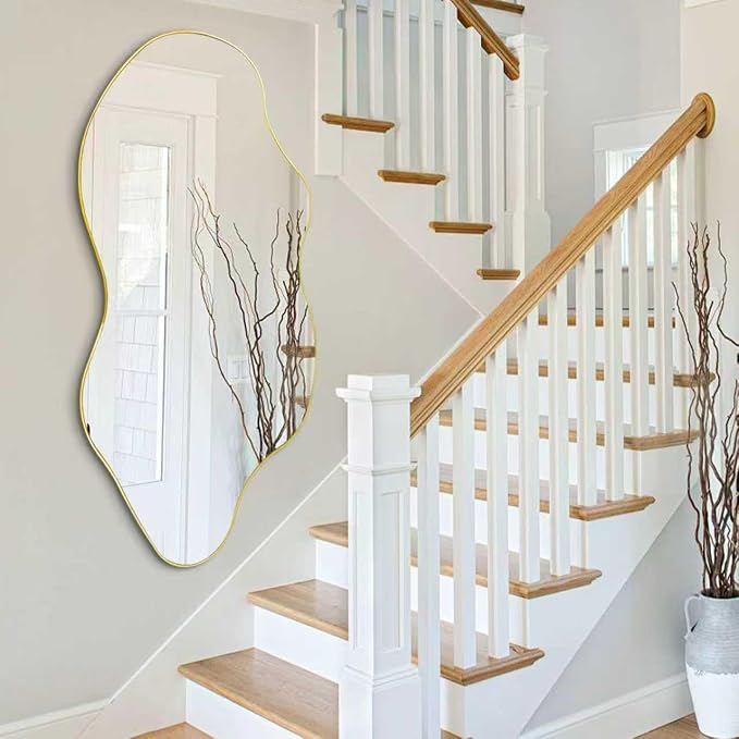 Irregular Frameless Wall Mirror, 47.2"x21.6" Gold Asymmetrical Mirror, Modern Organic Aesthetic Mirror for Living Room Bathroom Bedroom Hallway Entryway, Hangs Vertically or Horizontally