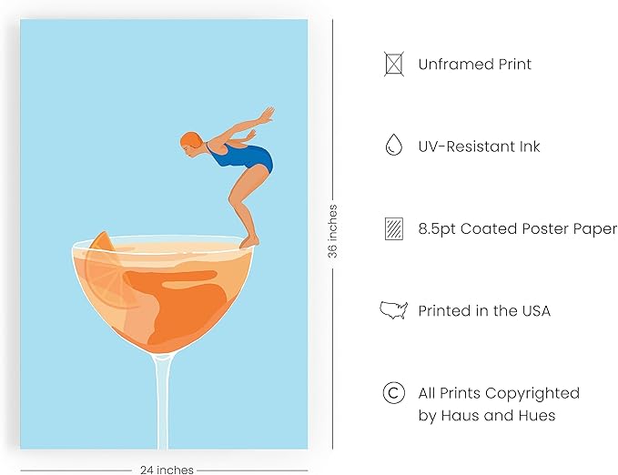 HAUS AND HUES Preppy Pictures Bar Art - Colorful Cocktail Prints, Bar Cart Accessories, Minimalist Blue and Orange Picture for Room Aesthetic, Bar Wall Decor, Vintage Aperol Spritz (24x36 Unframed)