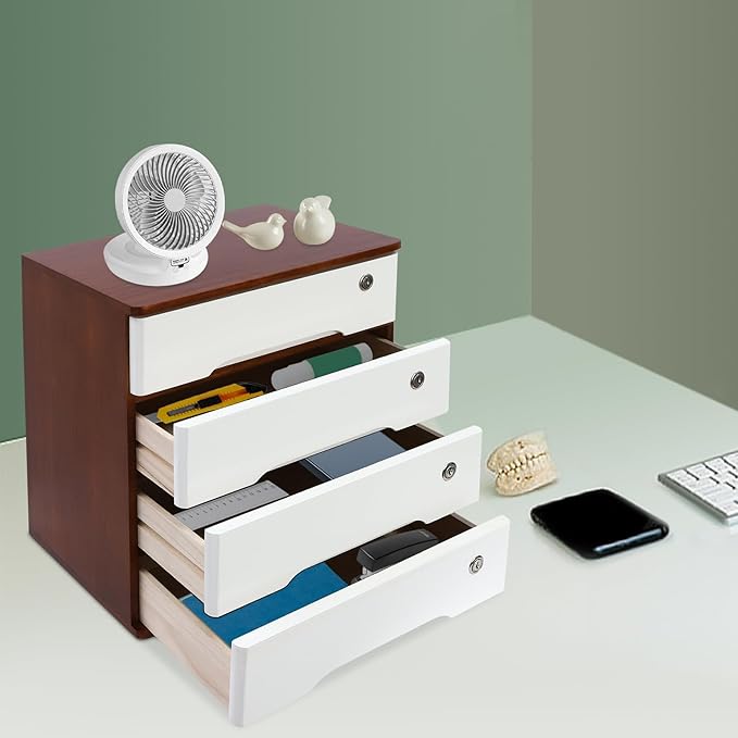 Desktop File Organizer with Lock, 2/3/4 Tier Multi-Drawer Wooden Storage Cabinet, Office Supply Organizer for Home Desk, Study & Workplace (Wine Red + White, 4 Layers)