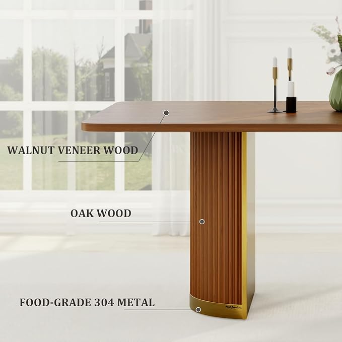 AUZ 78in Farmhouse Dining Table for 4-8, Rectangular Wood Kitchen Table with Walnut Veneer Top and Roman Column Legs, Large Dining Room Table for Dining Room, Living Room