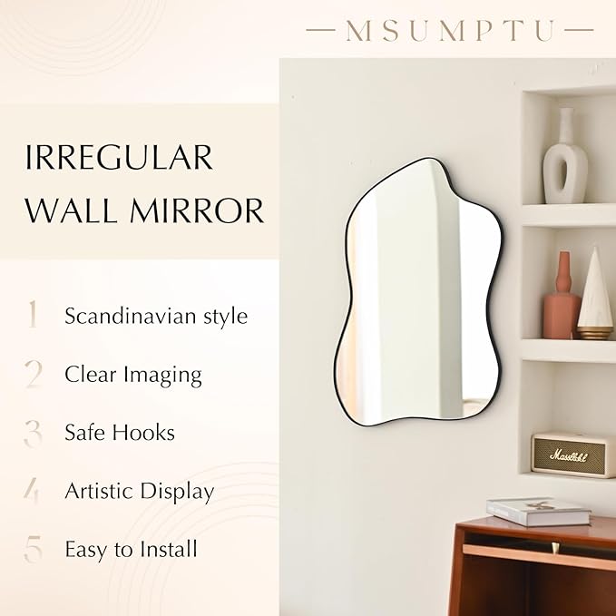 Irregular Wall Mirror Black Wave Shaped Metal Framed Wall Mirror for Bathroom Bedroom Entryway Living Room Wall Decor 34" L x 25.5" W 2302B
